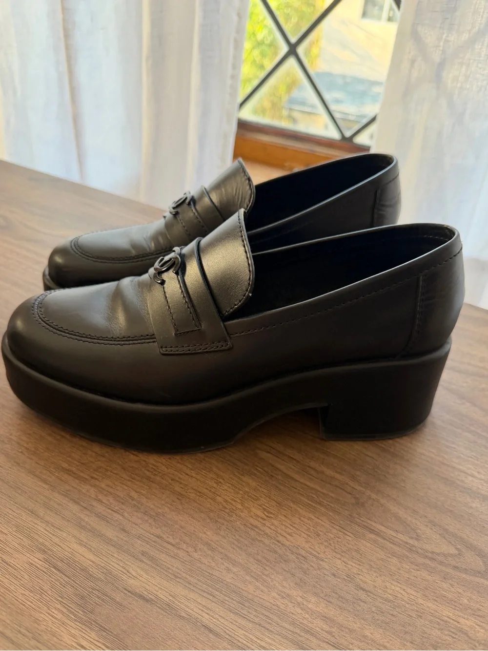 CHANEL Black Leather Platform Penny Loafers